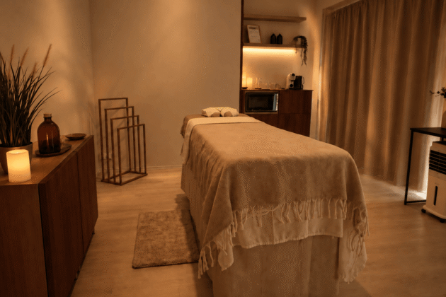 NŪR Massage Therapy – masszázsszalon a Marina-parton A NŪR világos, nyugodt kezelőtere a Marina-parton, személyre szabott masszázskezelésekhez.